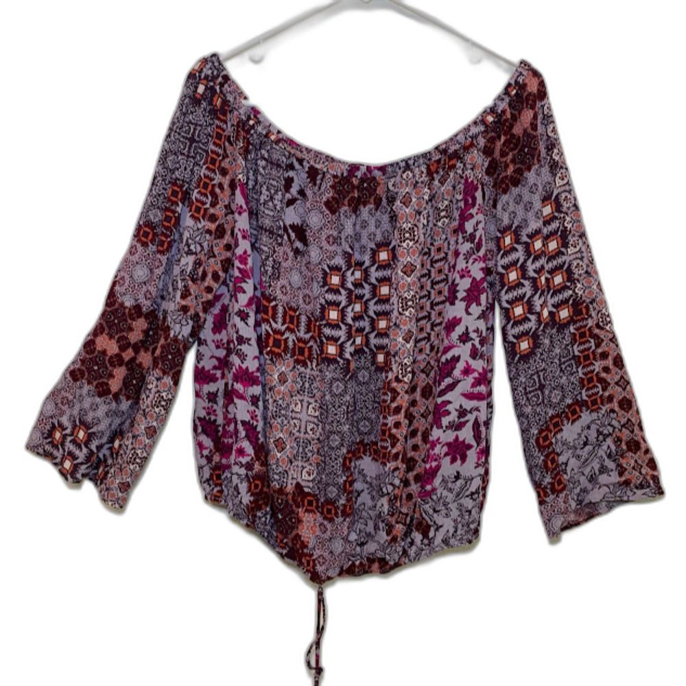 Knox Rose Bohemian Patchwork Off Shoulder Long Sleeve Boho Blouse Large